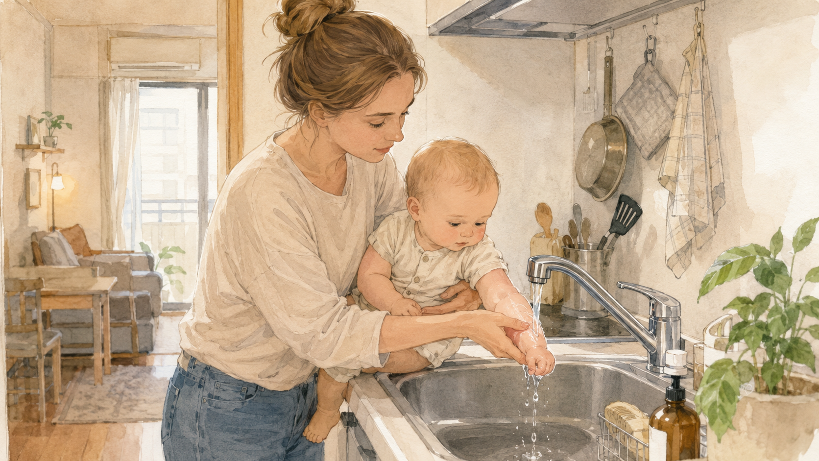 Watercolor illustration of a parent cooling a toddler's arm gently with water in a bowl in a Japanese kitchen