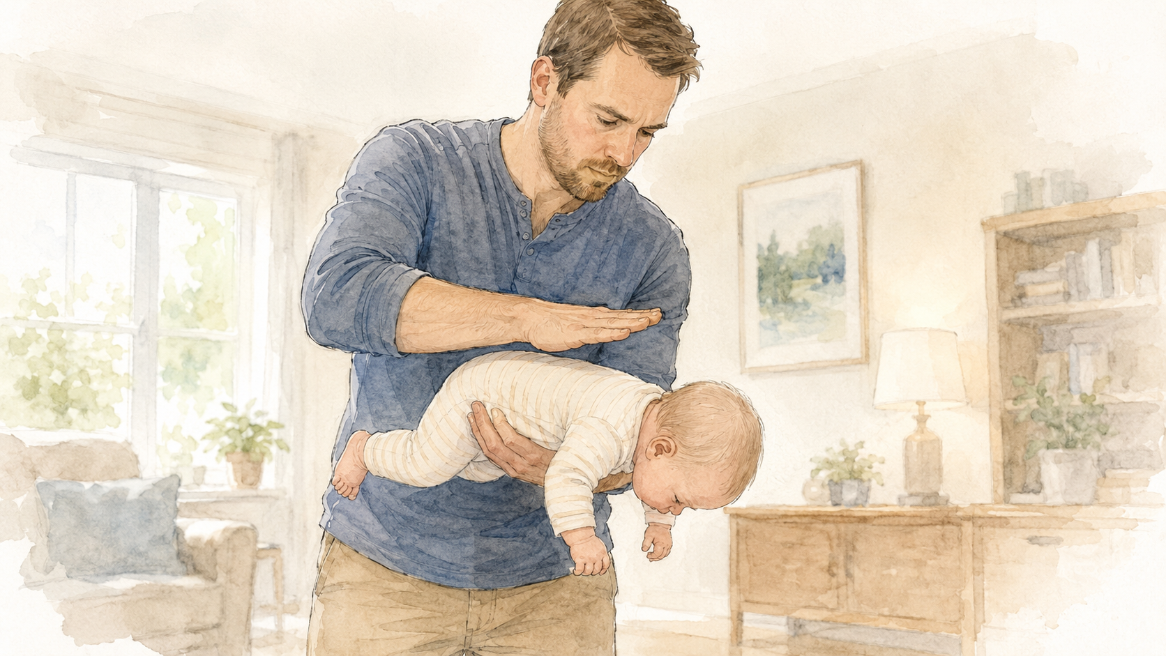 Watercolor illustration of a father performing back blows on a baby held face-down along his forearm