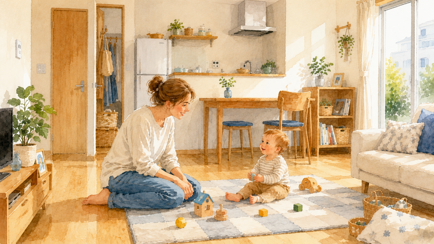 Soft watercolor illustration of a parent calmly attending to a toddler in a Japanese home setting, safe and reassuring atmosphere
