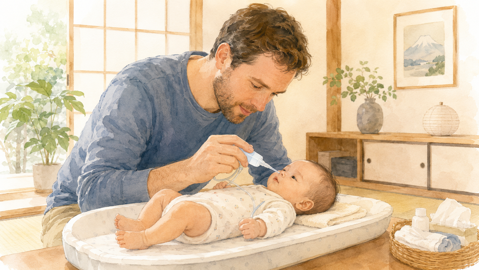Soft watercolor illustration of a Western father carefully using a nasal aspirator on a baby lying on a changing mat in a Japanese home