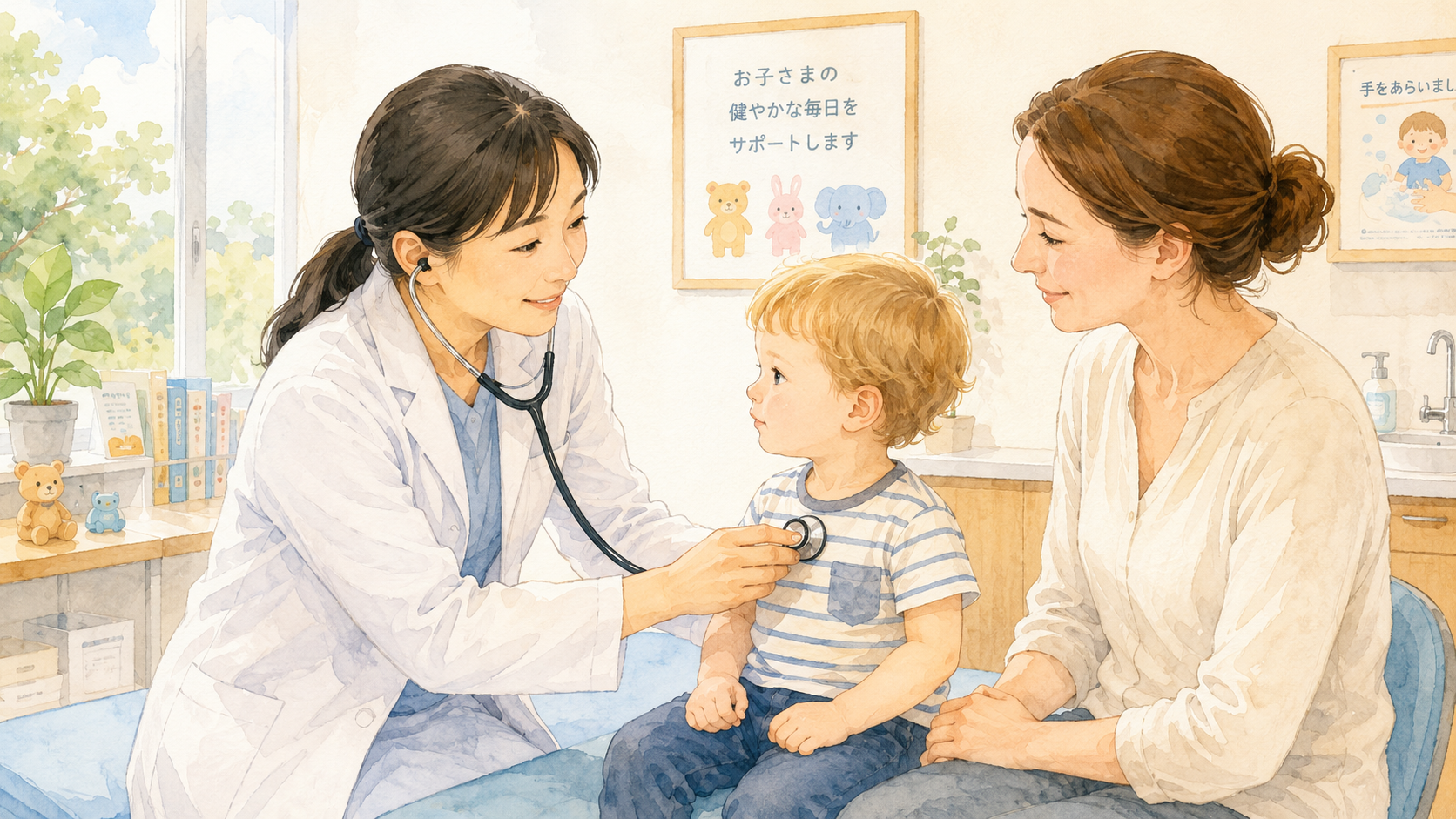 Soft watercolor illustration of a Japanese pediatrician examining a Western toddler with a stethoscope while a Western mother sits beside them, calm and reassured, in a bright clinic setting