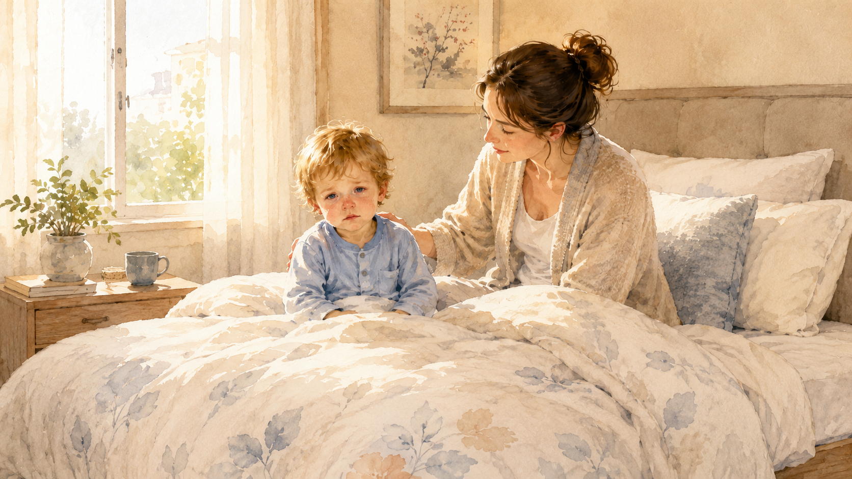 Soft watercolor illustration of a Western toddler sitting up in a Japanese-style bed with a runny nose, a Western mother sitting beside them looking calm and attentive