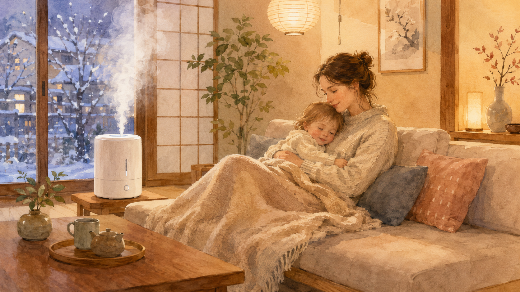 Soft watercolor illustration of a cosy Japanese living room in winter, a Western mother and toddler resting together on a low sofa with a white humidifier running nearby