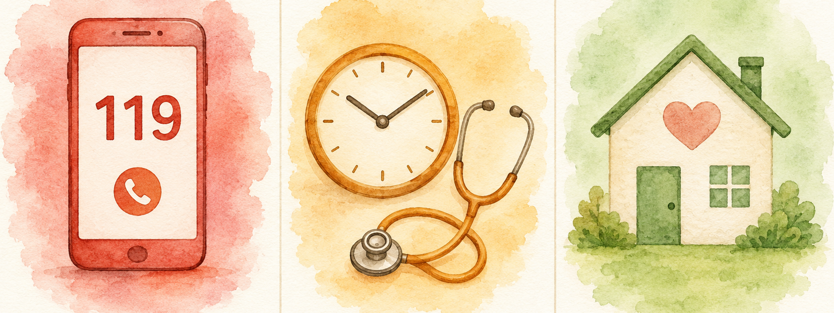 Watercolor illustration showing three urgency levels: a phone showing 119 on a red background, a clock and stethoscope on amber, and a house with a heart on green