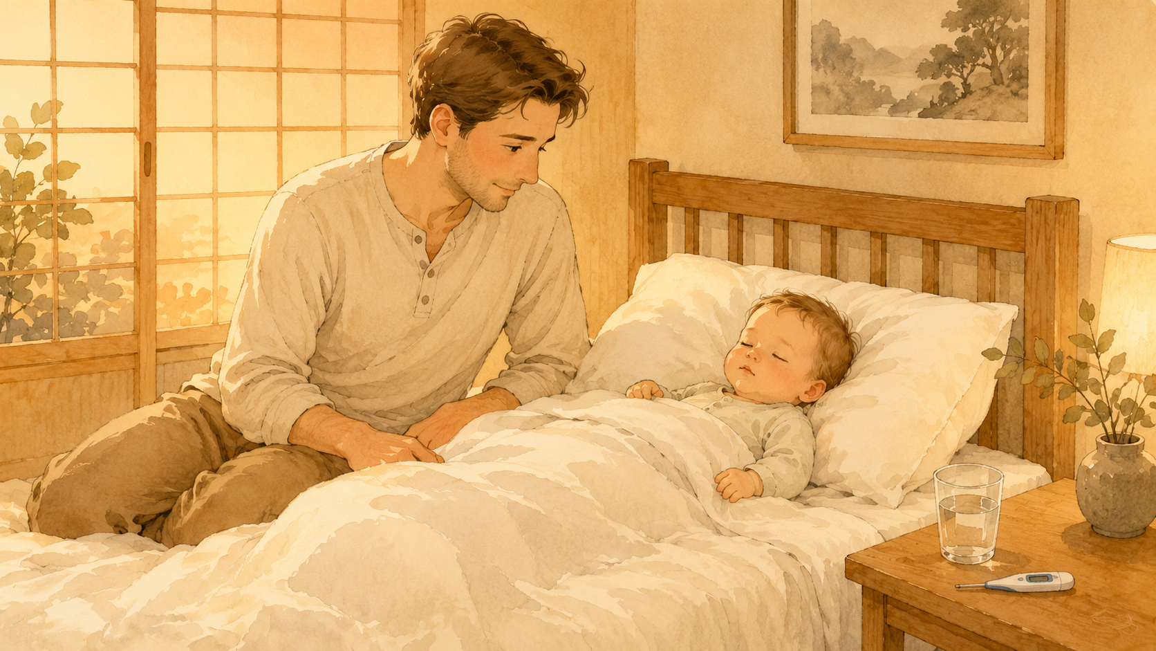 Soft watercolor illustration of a non-Japanese father sitting beside a sleeping baby in a Japanese room, gently monitoring the child with a thermometer nearby