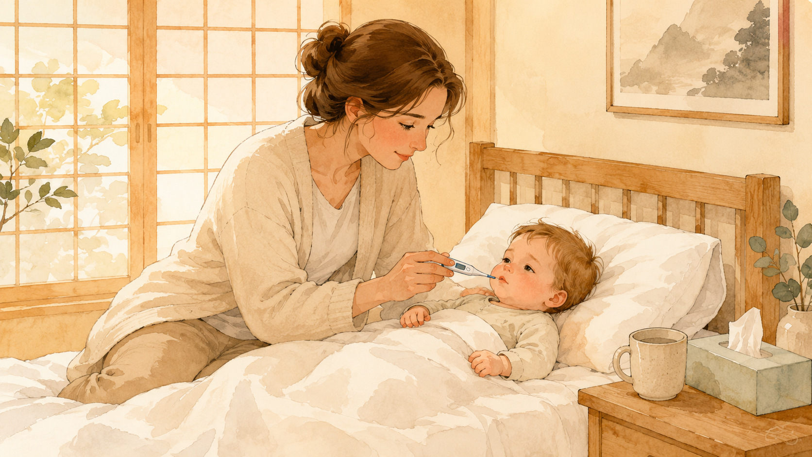 Soft watercolor illustration of a non-Japanese mother gently checking her baby's temperature with a thermometer in a compact Japanese apartment