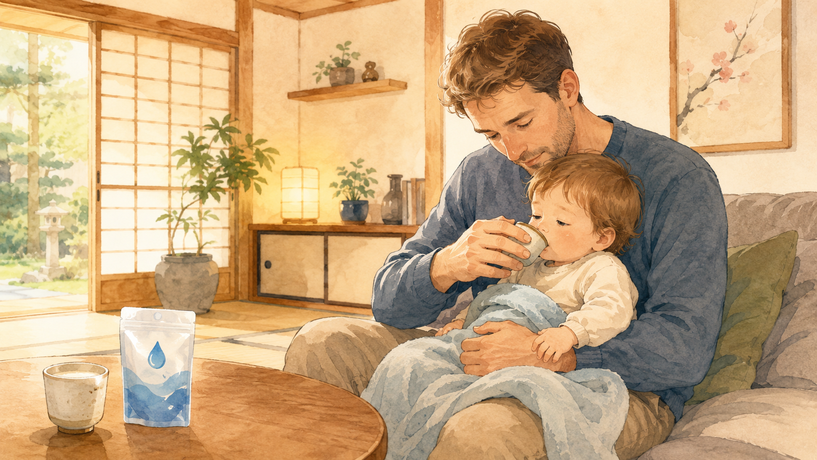 Soft watercolor illustration of a non-Japanese father giving small sips of water to a tired toddler in a Japanese home setting