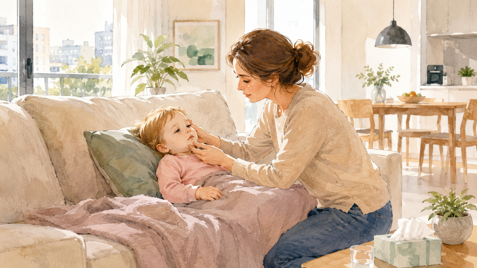 Soft watercolor illustration of a non-Japanese mother kneeling beside a toddler on a sofa, gently checking the child's lips and face for signs of dehydration