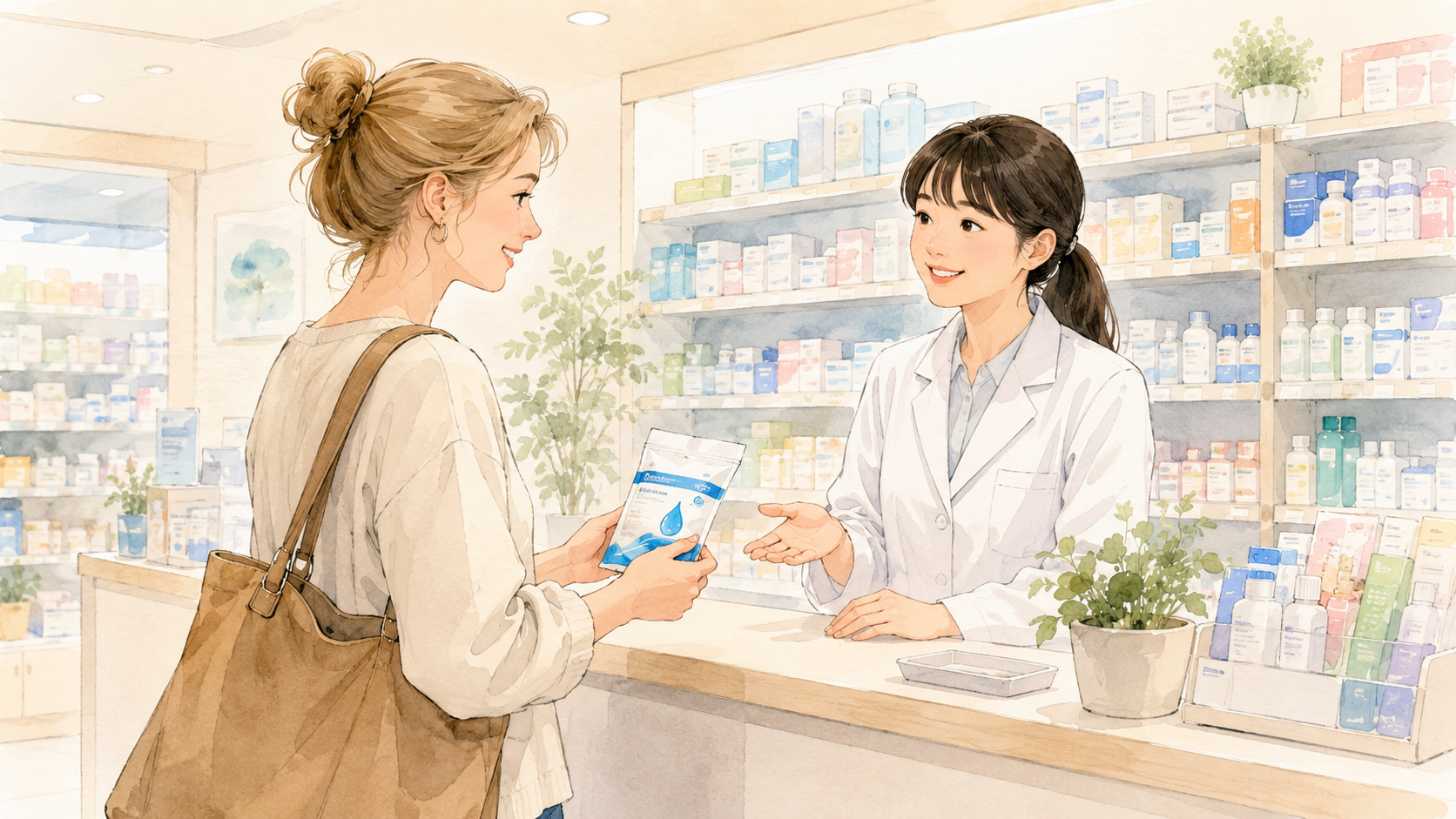 Soft watercolor illustration of a non-Japanese mother at a Japanese pharmacy counter, holding a PET bottle of oral rehydration solution while a Japanese pharmacist gestures to the shelf