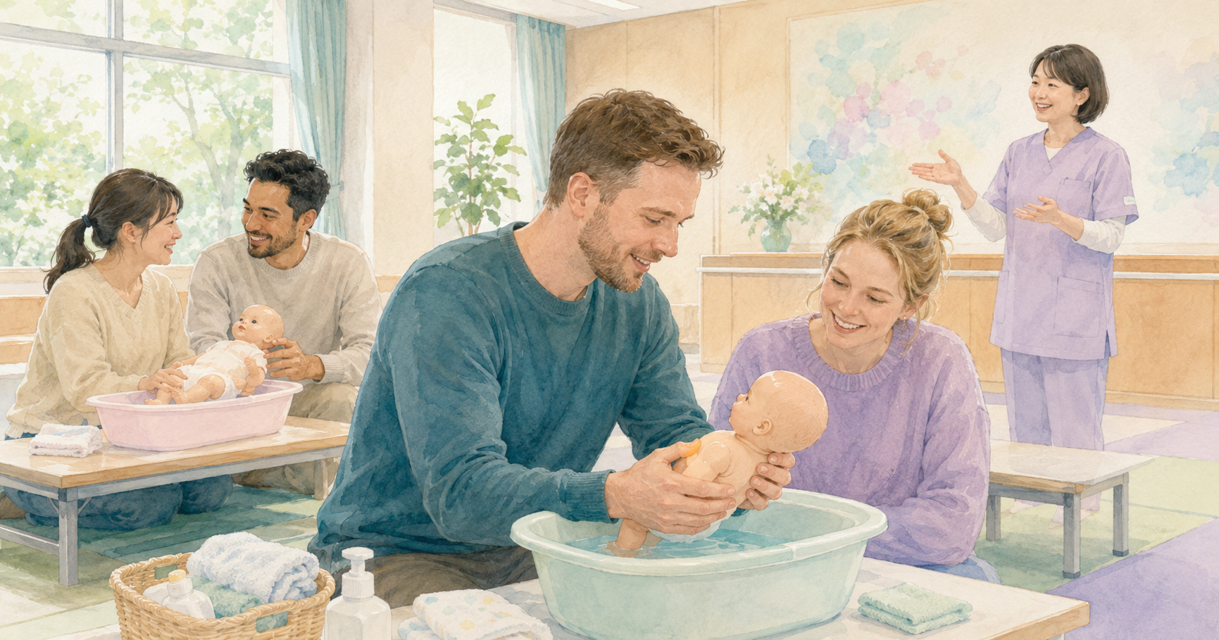 Watercolor illustration of a 両親学級 antenatal class in Japan — international couples practicing newborn bathing with doll basins on low tables, guided by a Japanese midwife instructor in a bright community room