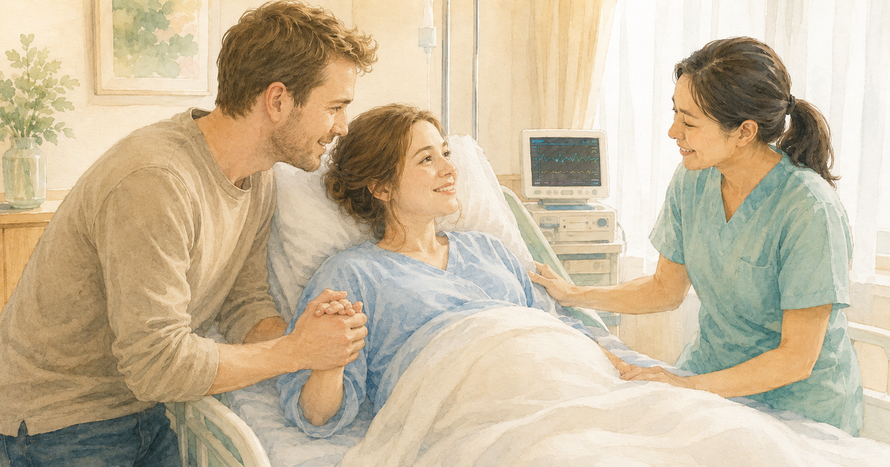 Soft watercolor illustration of a Japanese hospital delivery room — a woman in a hospital gown in a labor bed, her partner beside her holding her hand, a midwife in pale blue scrubs attending, warm light through a window