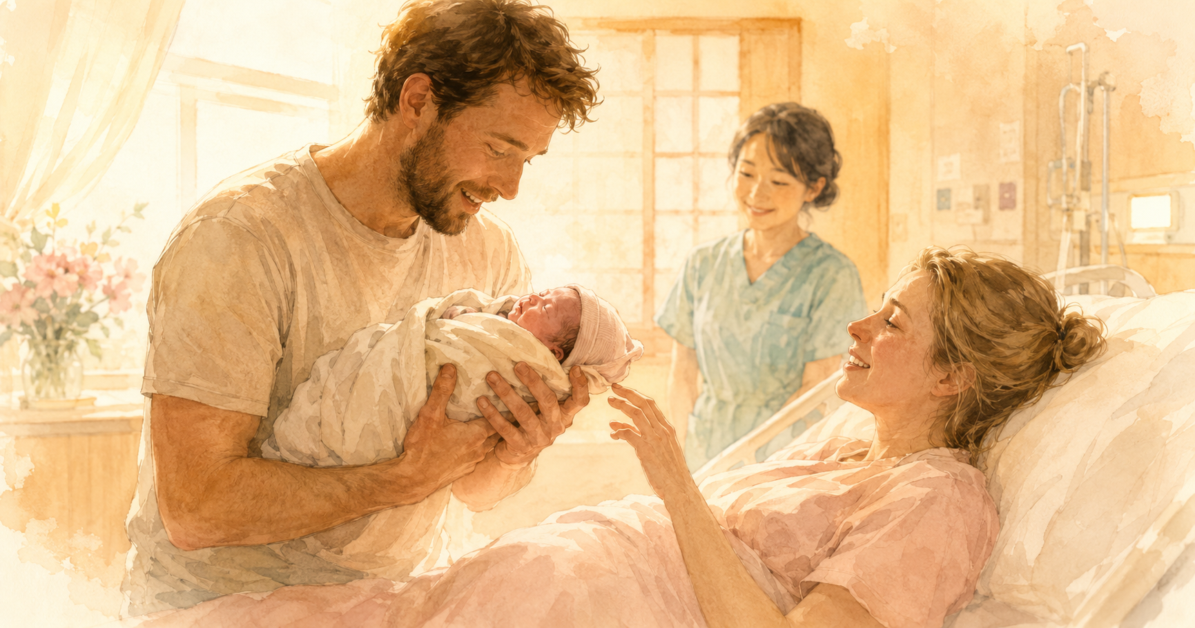 Watercolor illustration of a non-Japanese father holding his newborn baby for the first time in a Japanese hospital delivery room, his partner smiling from the bed, a Japanese midwife watching warmly in the background