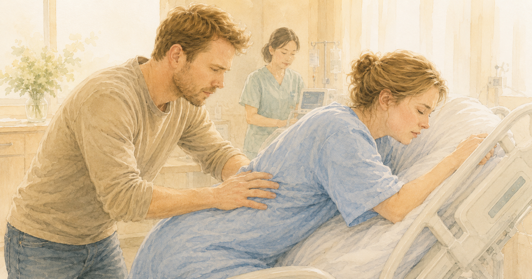 Watercolor illustration of a non-Japanese man standing beside a hospital labor bed, hands pressing on his partner's lower back to ease contraction pain, with a Japanese midwife visible in the background