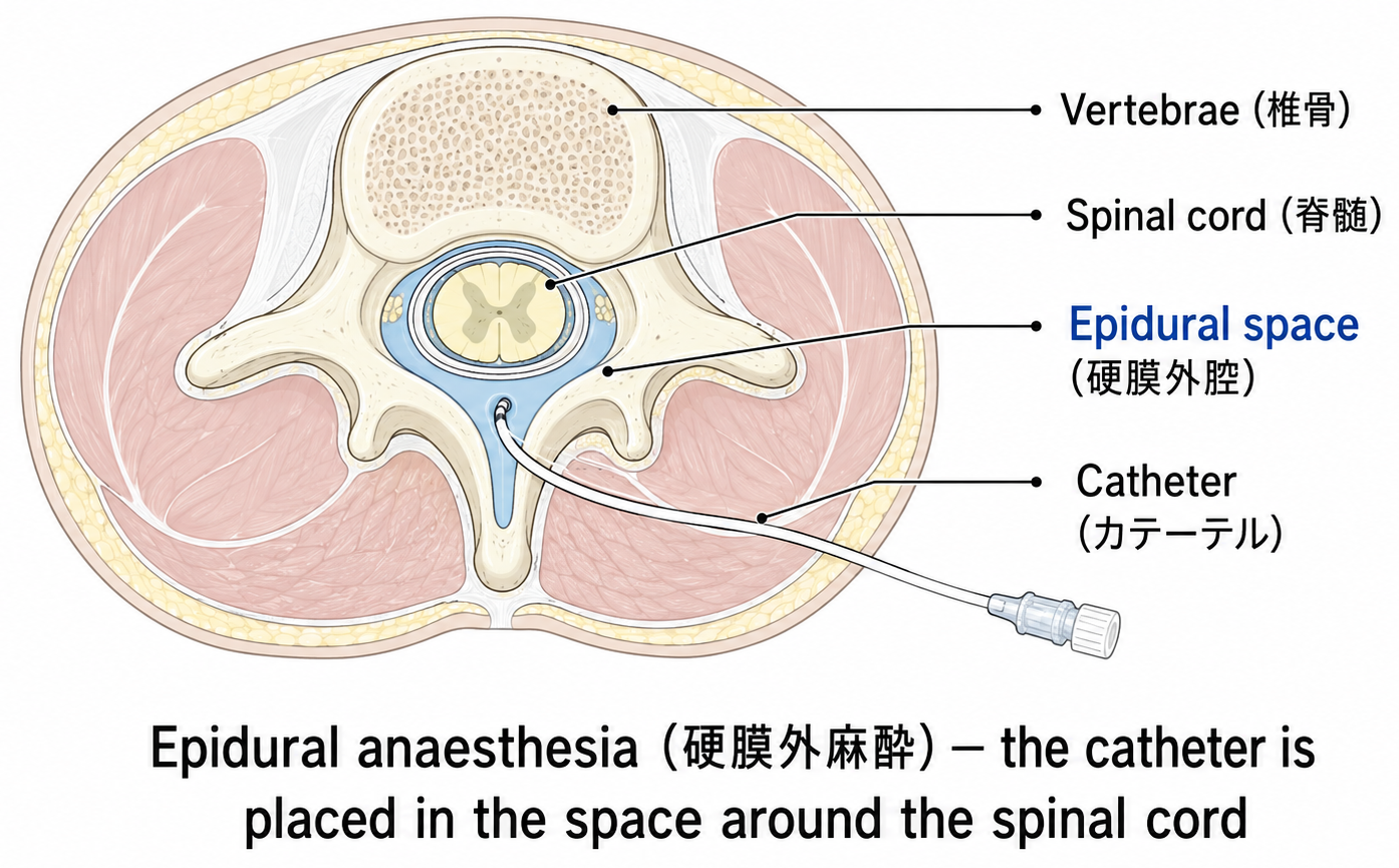 Simple diagram showing the position of the epidural catheter in the lower back: the epidural space between the vertebrae, with the catheter threaded in to deliver pain relief during labor