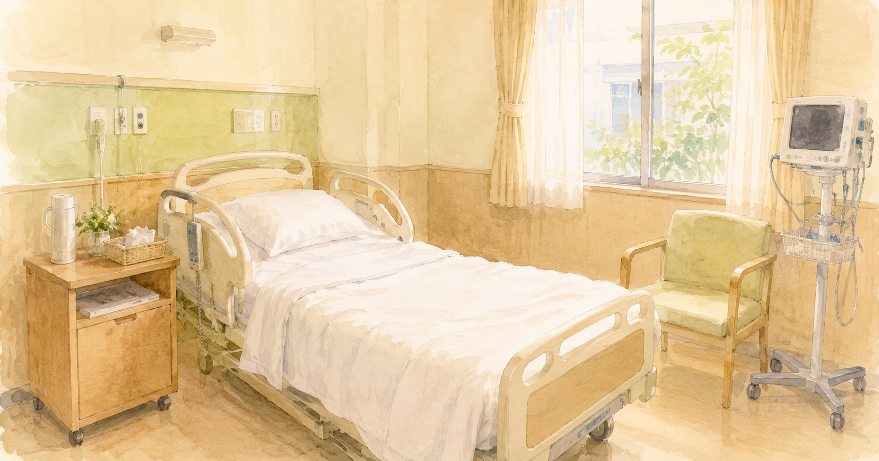 Watercolor illustration of a Japanese hospital LDR room: a standard adjustable hospital bed with white linens, a wooden bedside table, a green chair for a birth partner, and a monitor on a stand, with a window letting in soft natural light