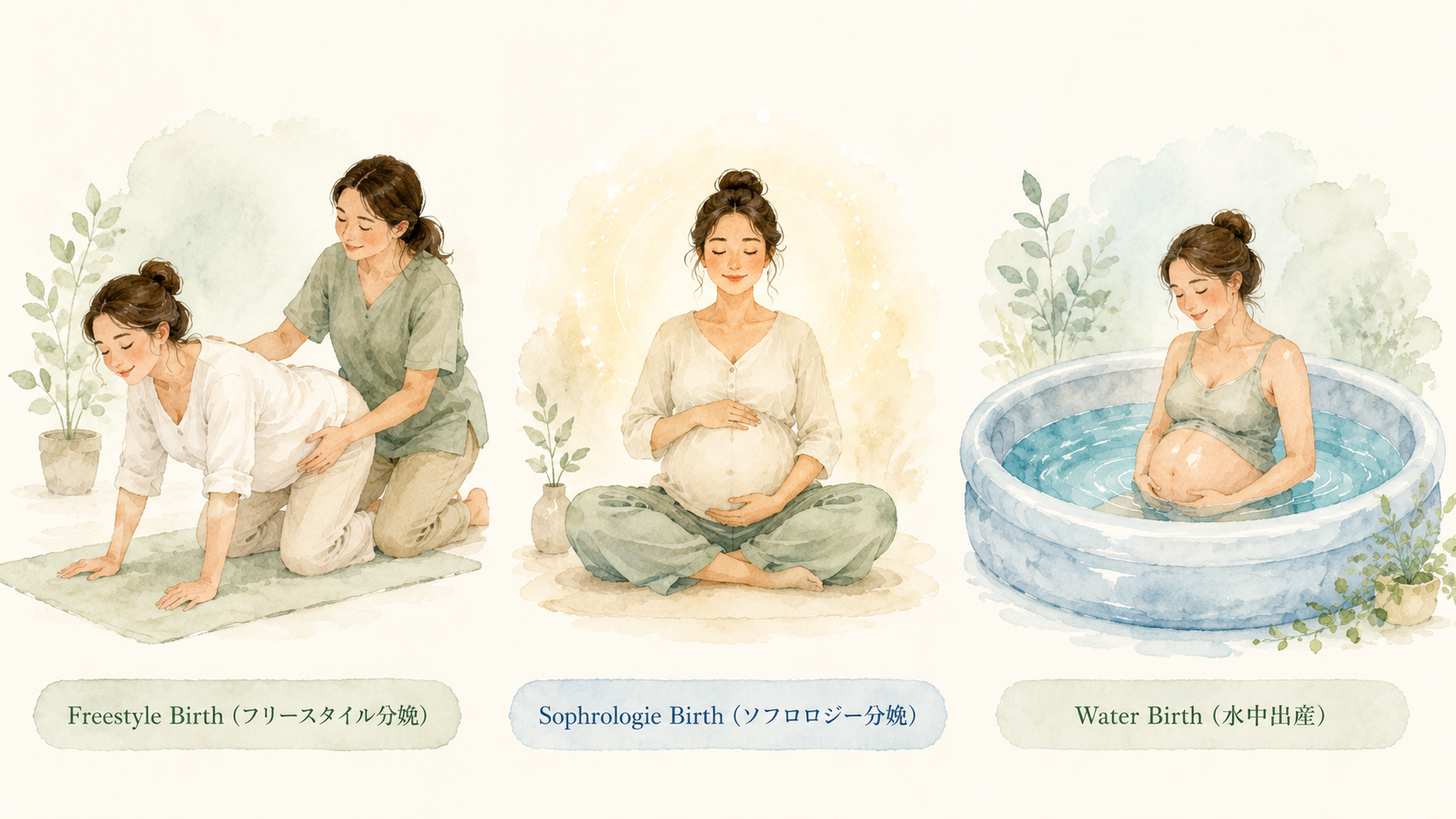 Three watercolor illustrations side by side: freestyle birth with a woman on all fours supported by a midwife; sophrologie birth with a woman sitting cross-legged breathing calmly; water birth with a woman relaxing in a warm pool