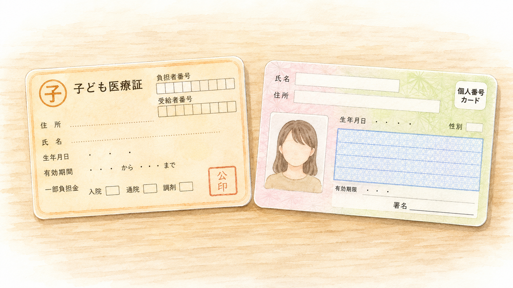 Watercolor illustration of a child medical certificate (子ども医療証) and a My Number Card (マイナンバーカード) side by side on a wooden surface