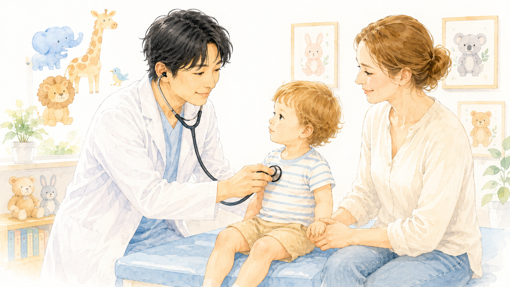 Soft watercolor illustration of a Japanese male doctor examining a toddler with a stethoscope while a Western mother watches reassuringly in a pediatric clinic room