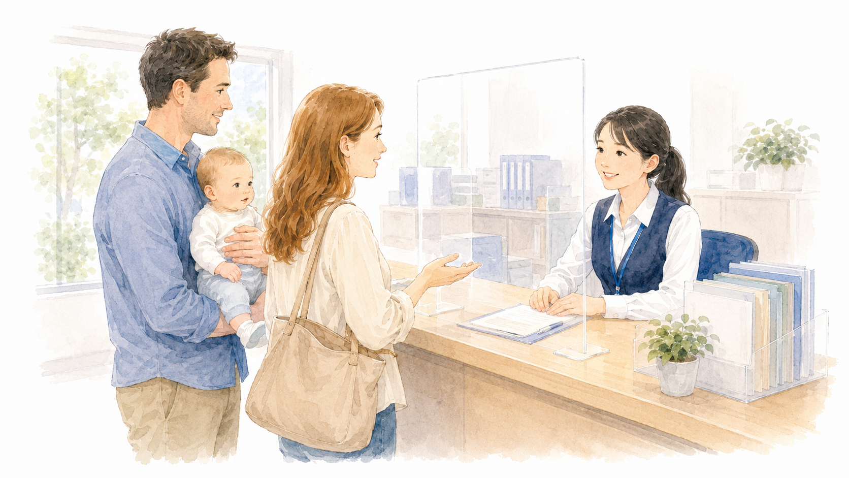 Soft watercolor illustration of a Western family — mother, father and baby — sitting at a Japanese municipal office counter, looking at documents together with a helpful Japanese staff member