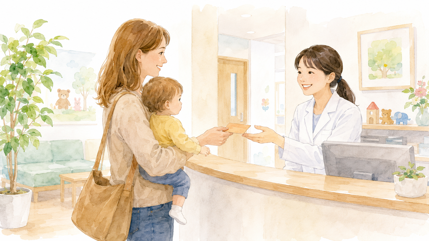 Soft watercolor illustration of a Western mother presenting a medical certificate at a Japanese clinic reception desk, with a toddler on her hip, friendly Japanese staff behind the counter