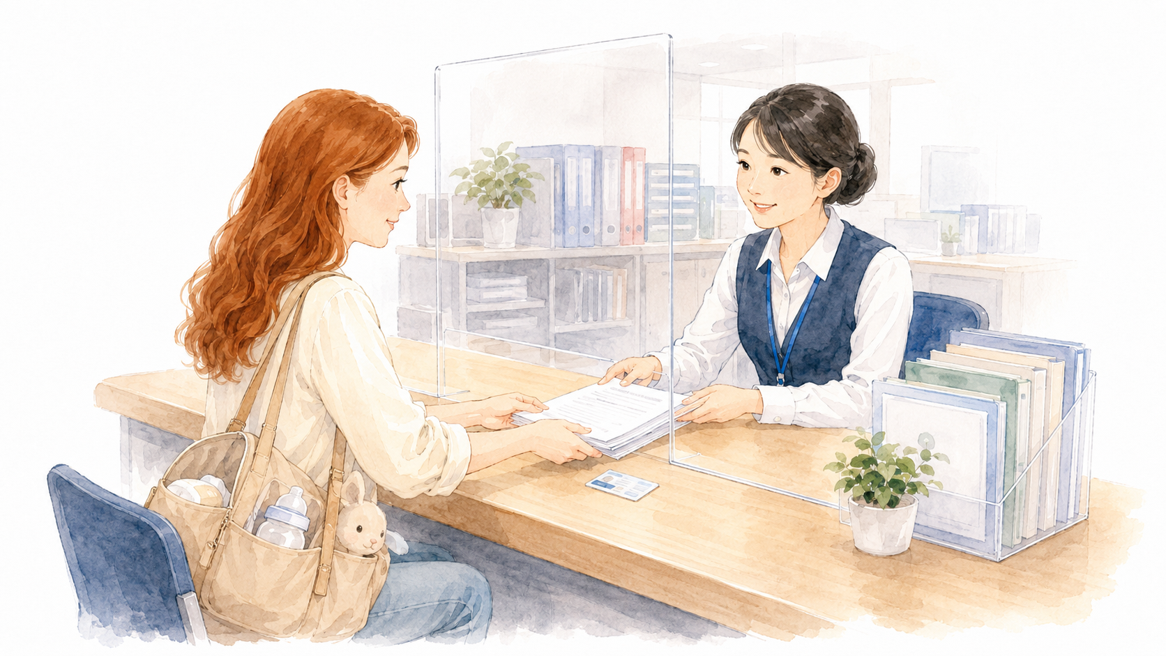 Soft watercolor illustration of a Western mother at a Japanese municipal office window, handing over documents to a Japanese staff member, calm and organized atmosphere