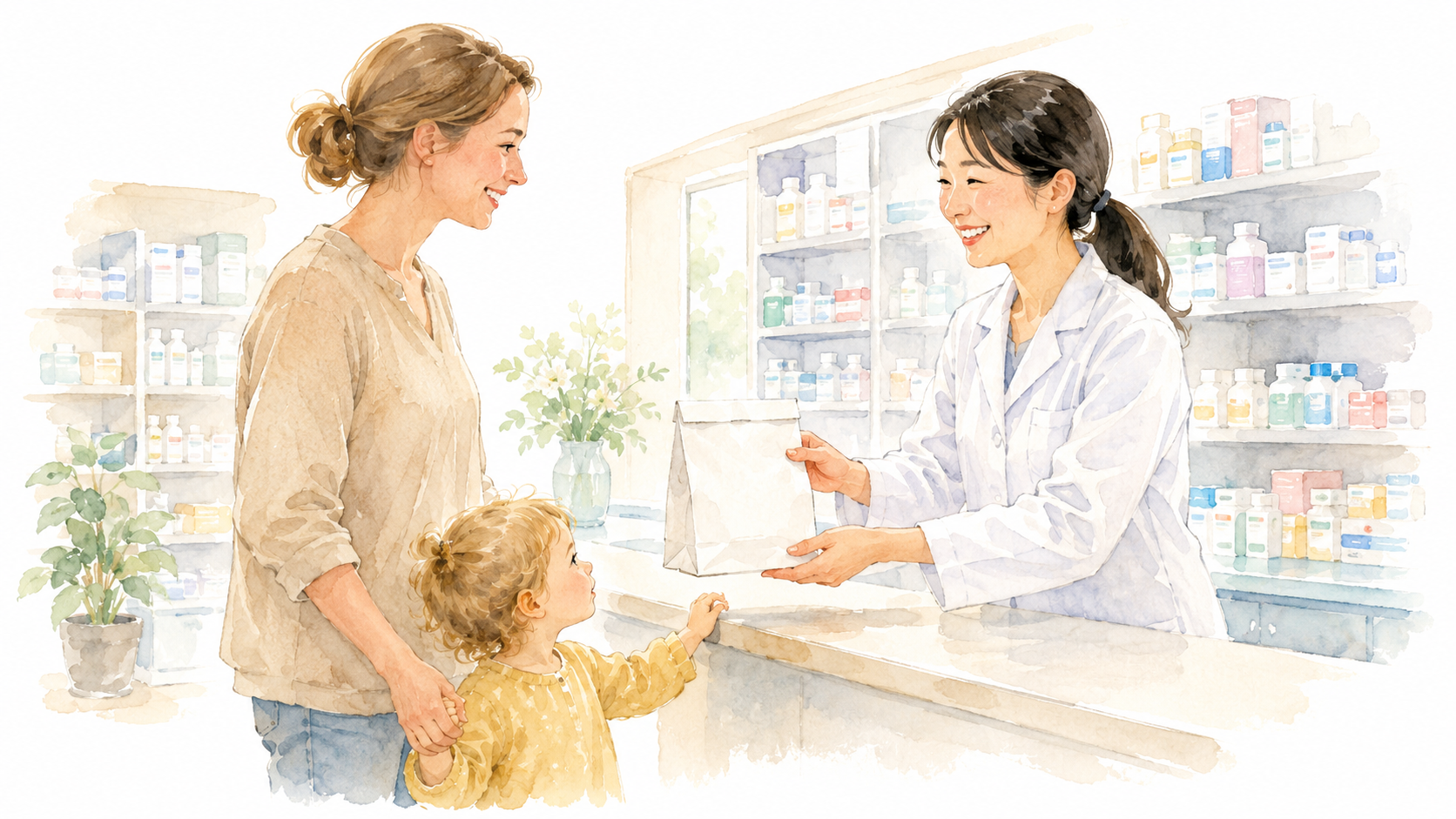 Soft watercolor illustration of a Western mother and toddler at a Japanese pharmacy counter, receiving medication from a smiling Japanese pharmacist