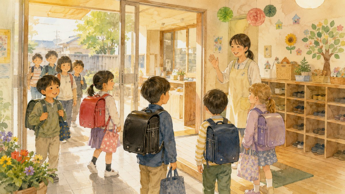 Watercolor illustration of elementary school children with randoseru backpacks arriving at a Japanese gakudo hoiku after-school center, greeted by a Japanese staff member