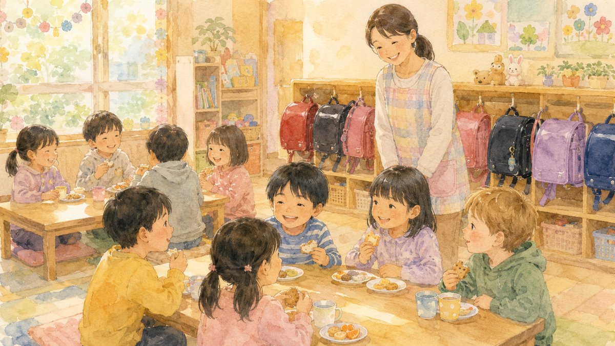 Watercolor illustration of children having afternoon snacks at a Japanese gakudo hoiku after-school club, with a smiling Japanese staff member and randoseru backpacks hanging in the background