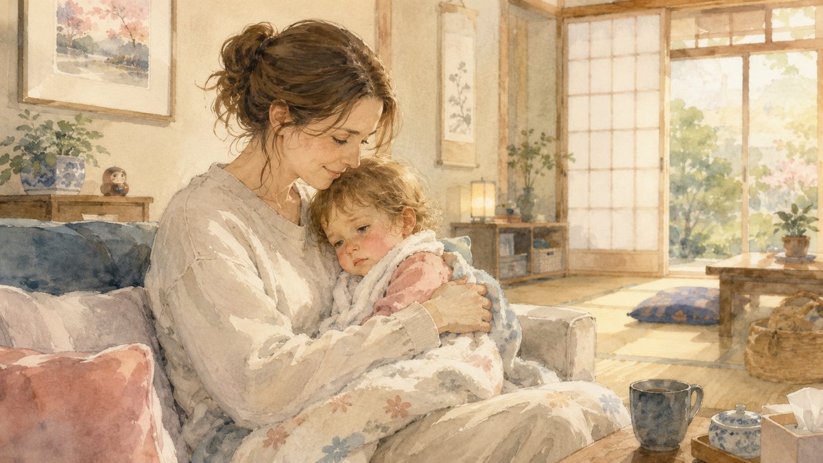 Soft watercolor illustration of a non-Japanese mother holding her sick toddler at home in Japan