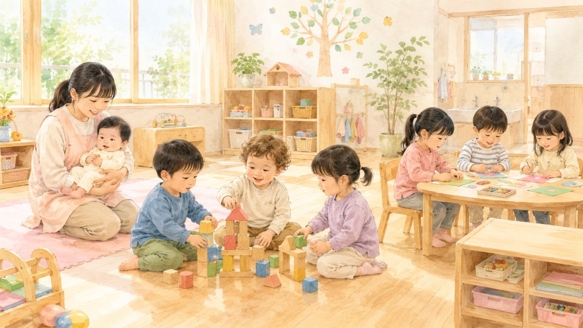 Watercolor illustration showing three age groups at a Japanese hoikuen: a teacher holding a baby, toddlers playing with wooden blocks including one child from overseas, and older children doing crafts at a table