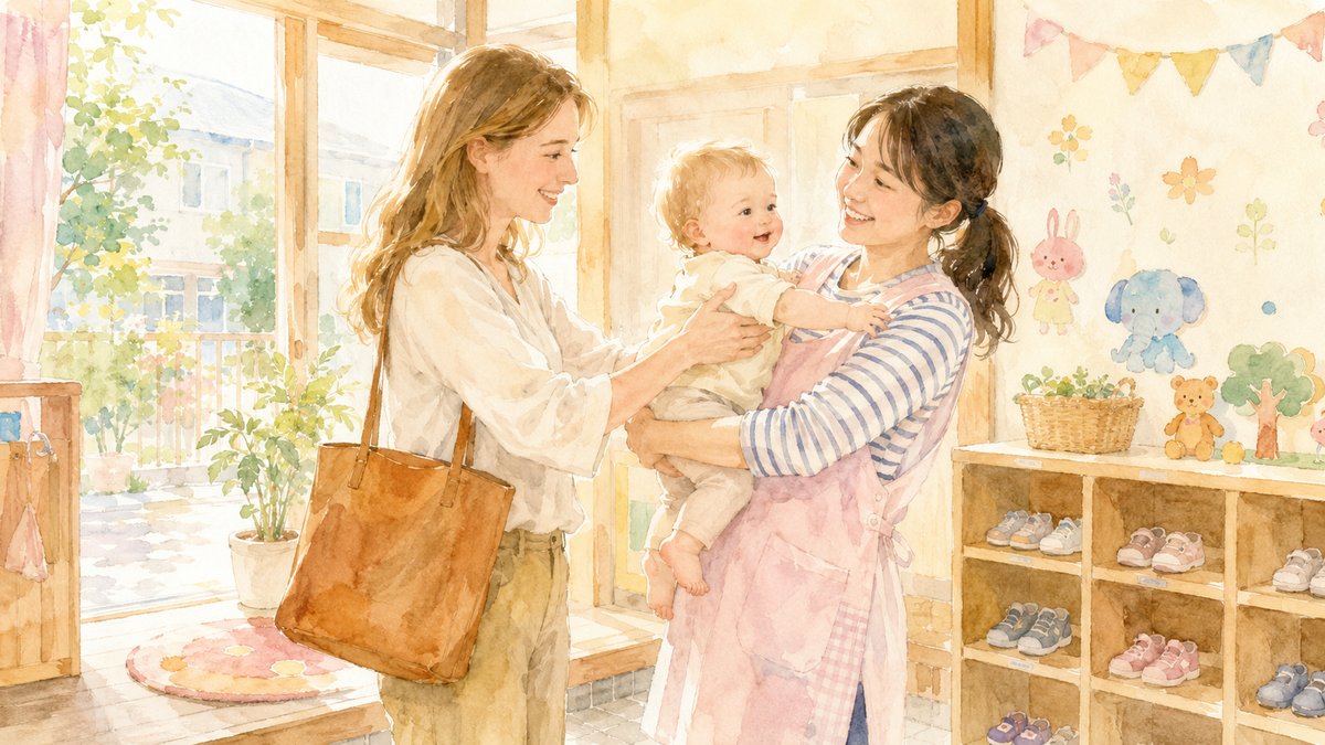 Watercolor illustration of a non-Japanese mother handing her baby to a smiling Japanese hoikuen teacher at the entrance