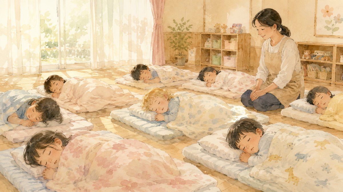 Watercolor illustration of children napping on futons on the floor of a Japanese hoikuen classroom while a Japanese teacher watches over them warmly