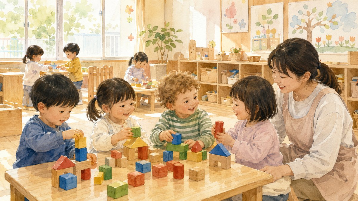 Watercolor illustration of toddlers playing with wooden blocks in a bright Japanese hoikuen classroom with a Japanese teacher