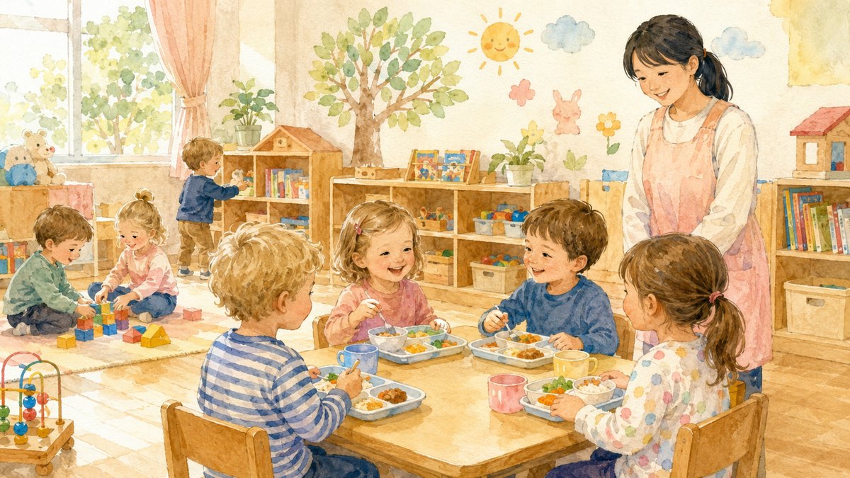 Soft watercolor illustration of children from overseas eating lunch together in a bright Japanese hoikuen classroom with a Japanese teacher