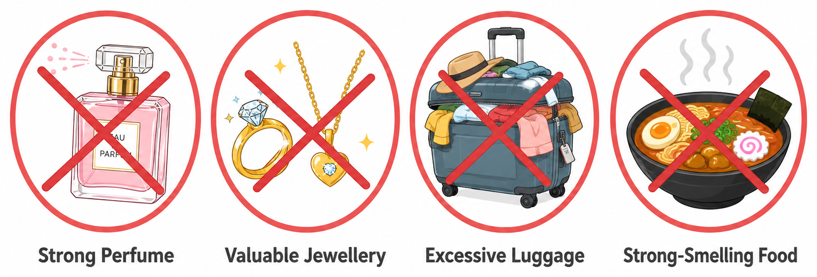 Four items crossed out in red circles: strong perfume, valuable jewelry, excessive luggage, and strong-smelling food