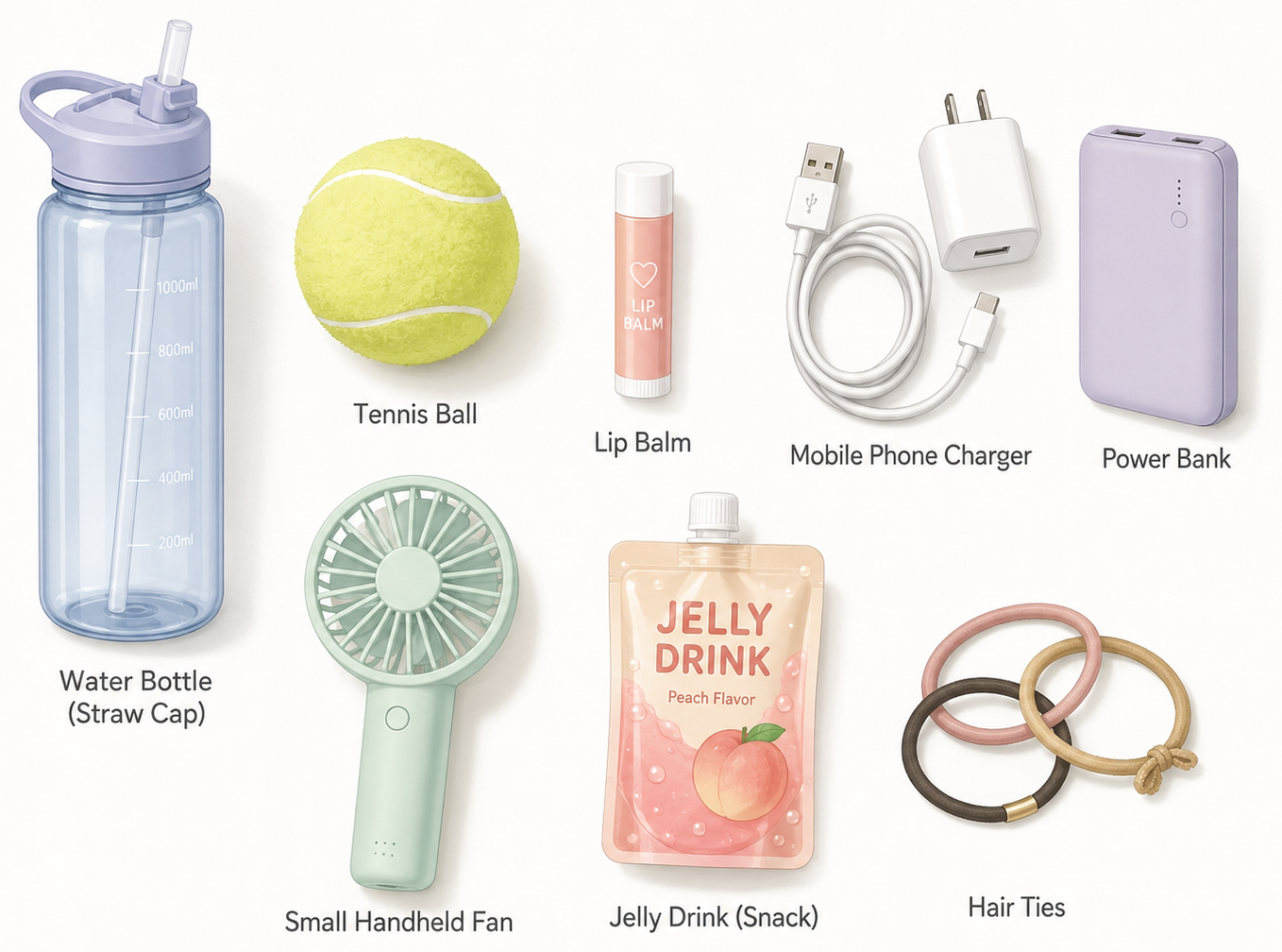 Illustration of labor bag items: water bottle with straw cap, tennis ball, lip balm, phone charger, power bank, small fan, jelly drink, hair ties