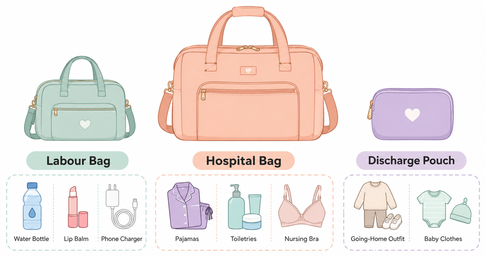 Diagram showing three bags: Labor Bag, Hospital Bag, and Discharge Pouch with sample items in each