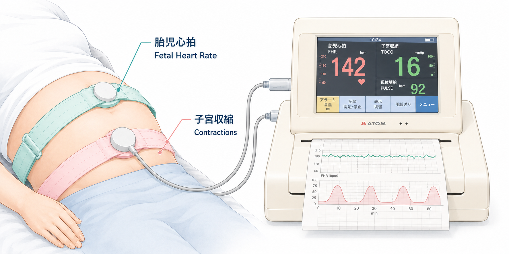 Medical diagram showing a pregnant woman with two CTG monitoring bands — green for fetal heart rate, pink for contractions — connected to a bedside monitor displaying both traces, labeled in English and Japanese
