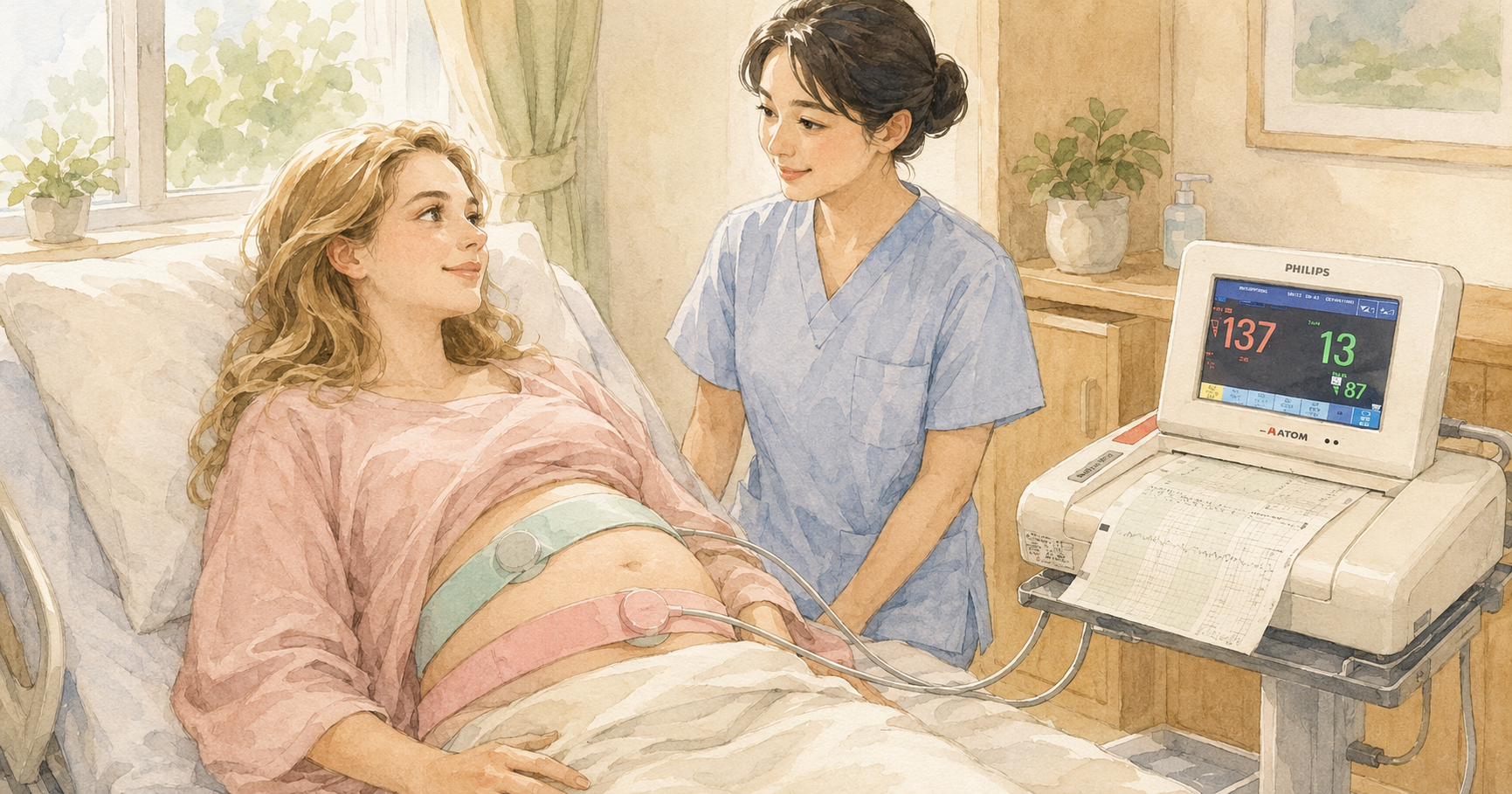 Soft watercolor illustration of a Japanese hospital labor room — a woman in a hospital bed wearing green and pink CTG monitoring bands on her abdomen, a midwife in pale blue scrubs attending, a CTG monitor screen showing fetal heart rate and contraction traces beside the bed