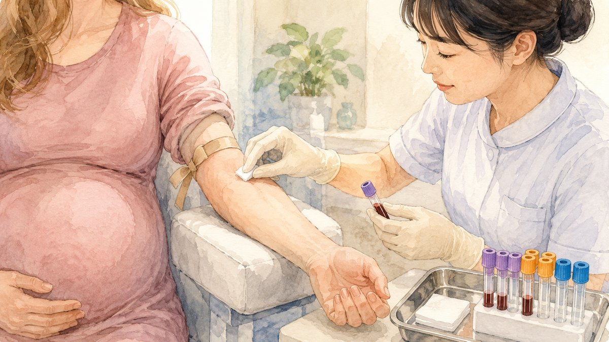 Soft watercolor close-up illustration of a pregnant woman's arm during a blood draw at a Japanese clinic, colored sample tubes on a tray nearby