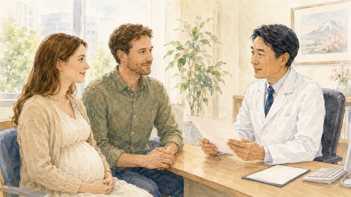 Soft watercolor illustration of a Western pregnant woman and her partner speaking with a Japanese obstetrician at a clinic desk, reviewing results calmly together