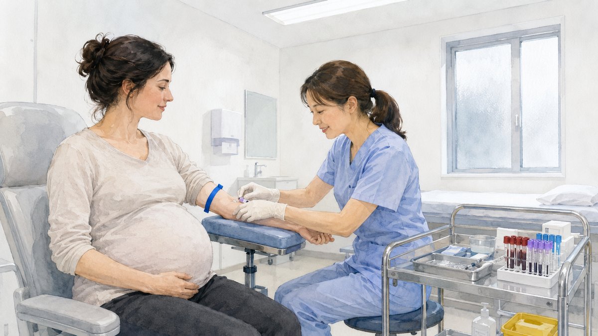 Soft watercolor illustration of a Western pregnant woman sitting in a Japanese clinic, a Japanese nurse gently taking a blood sample from her arm