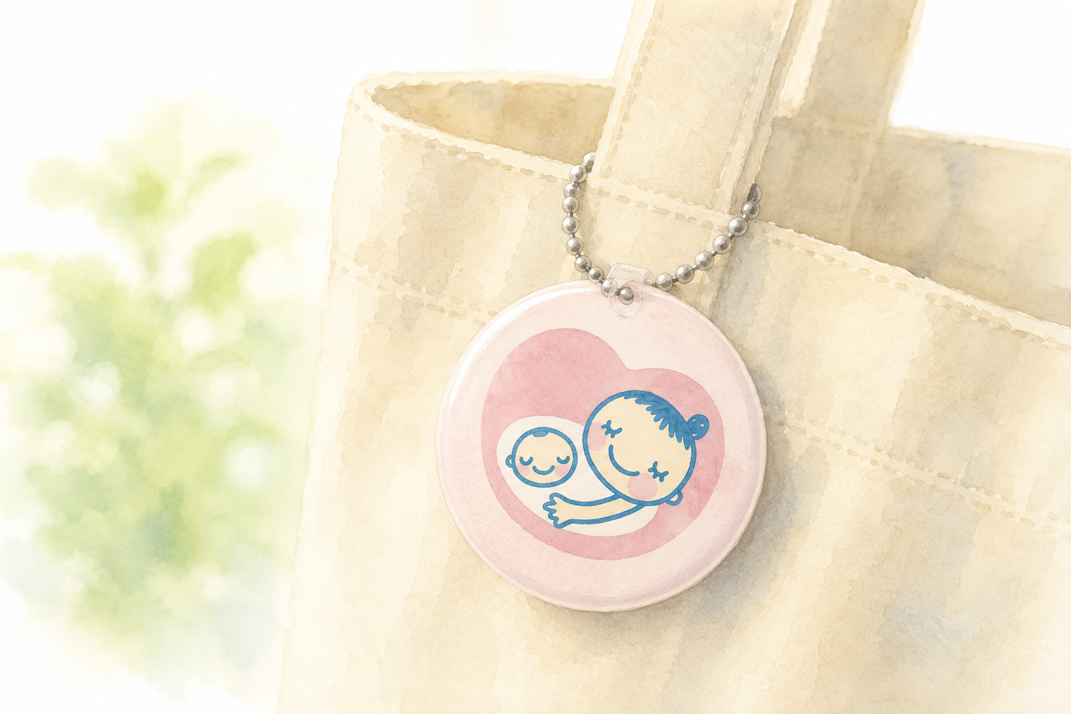 Soft watercolor illustration of a pale pink maternity mark badge — a heart shape with a pregnant woman silhouette — attached to a bag strap