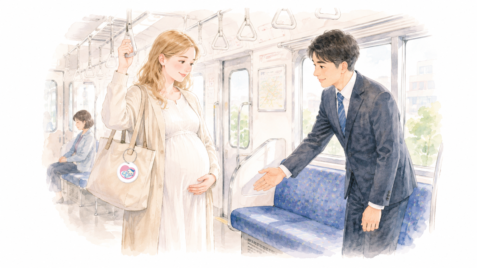 Soft watercolor illustration of a Western pregnant woman on a Japanese commuter train, wearing a small pink badge on her bag, with a Japanese passenger offering their seat