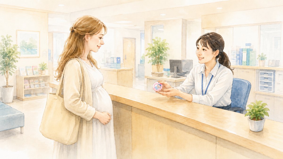 Soft watercolor illustration of a Western pregnant woman at a Japanese ward office counter, receiving a small packet from a smiling Japanese staff member