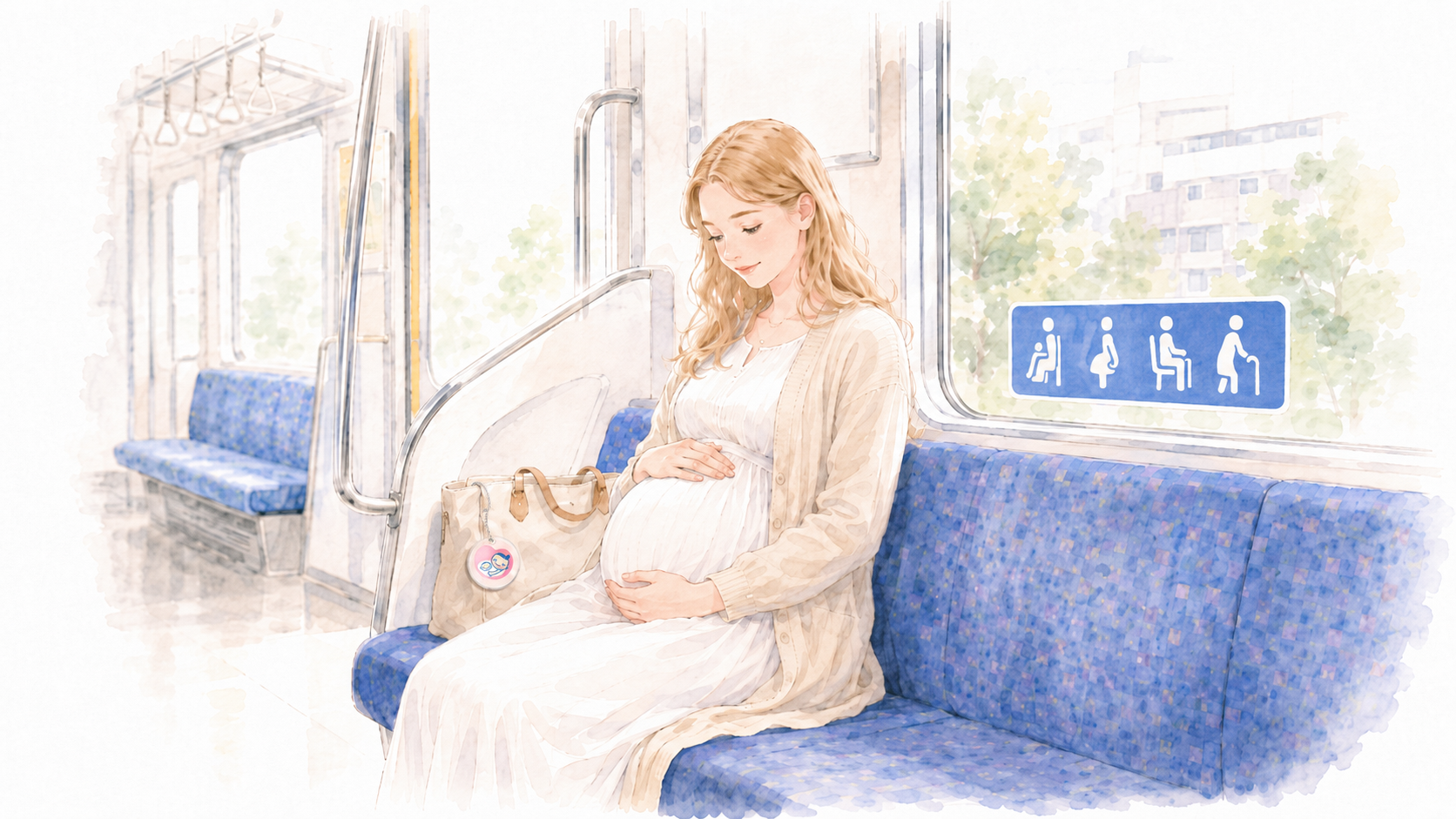 Soft watercolor illustration of a Japanese commuter train interior, a Western pregnant woman standing near priority seats while a Japanese passenger rises to offer their seat