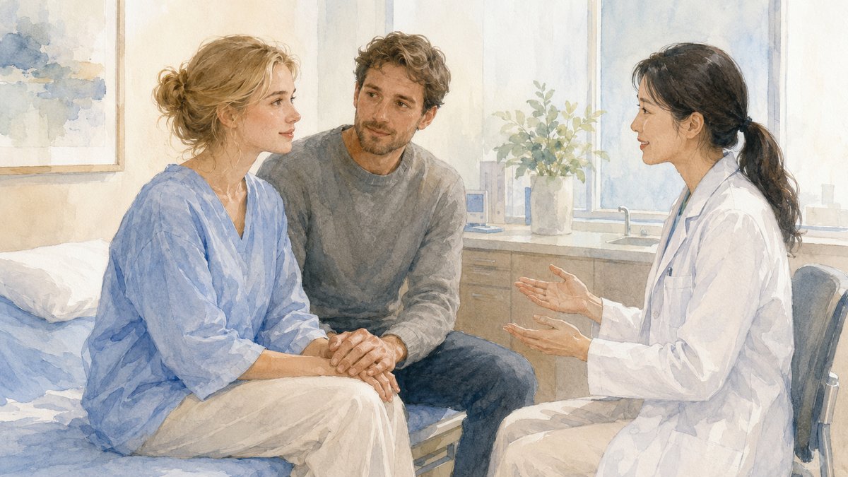 Soft watercolor illustration of an international couple sitting together in a Japanese hospital room, a Japanese doctor speaking with them gently