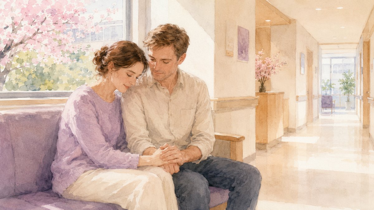 Soft watercolor illustration of an international couple sitting quietly together on a bench in a peaceful Japanese hospital corridor, holding hands
