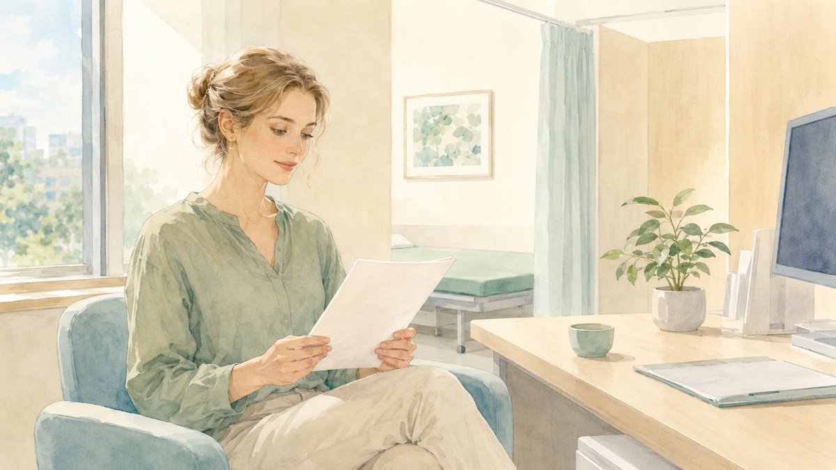 Soft watercolor illustration of a non-Japanese woman looking thoughtfully at a medical document in a bright Japanese hospital consultation room