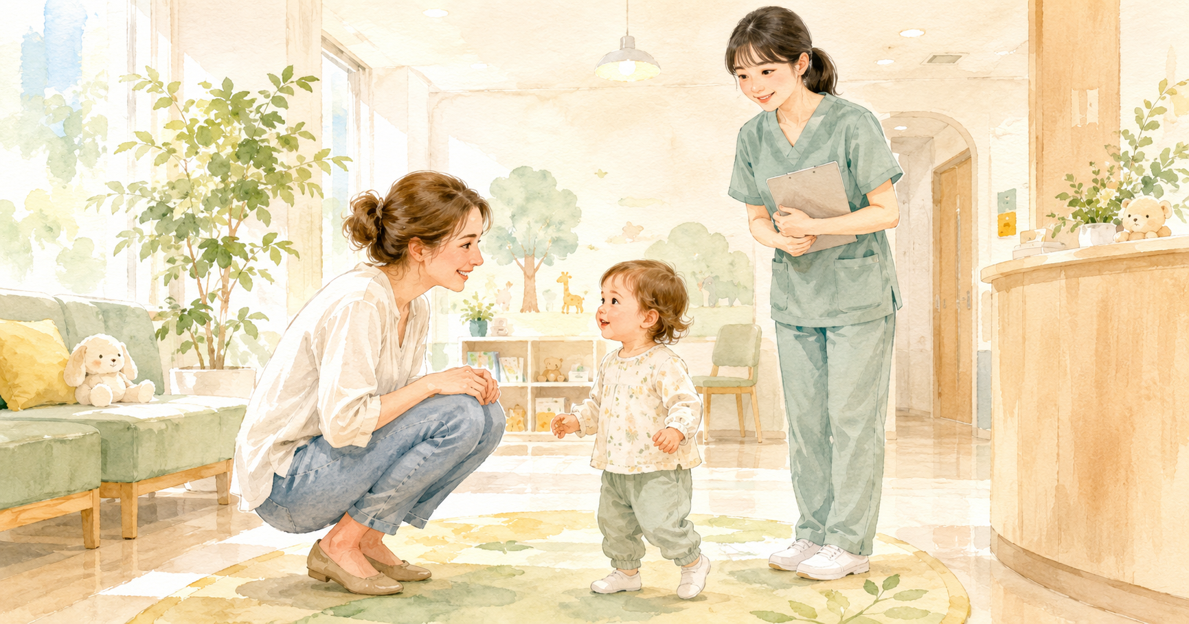 Western mother and young child at a Japanese pediatric clinic, speaking with a friendly nurse about the mumps vaccine